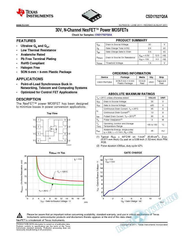 30V, N-Channel NexFET™ Power MOSFETs, CSD17527Q5A (Rev. A)
