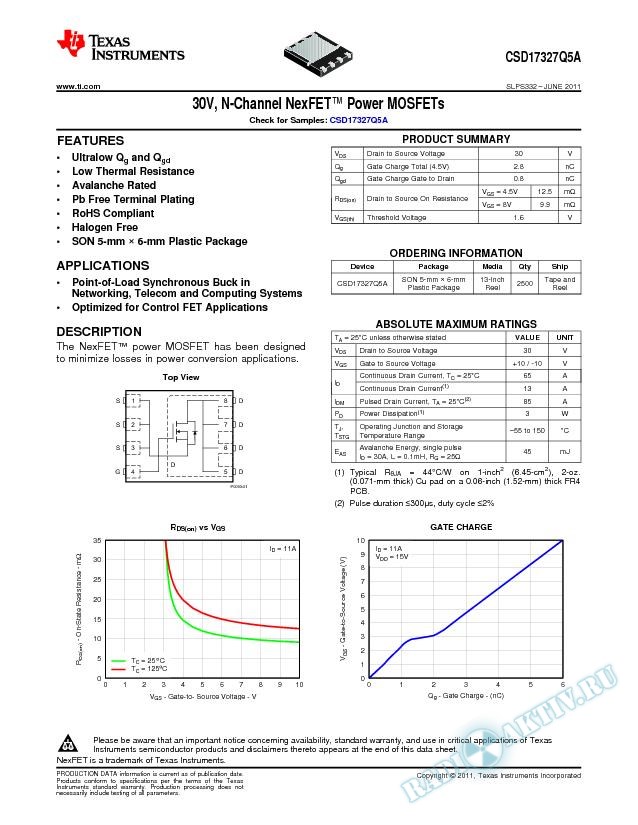 30V, N-Channel NexFET™ Power MOSFETs, CSD17327Q5A