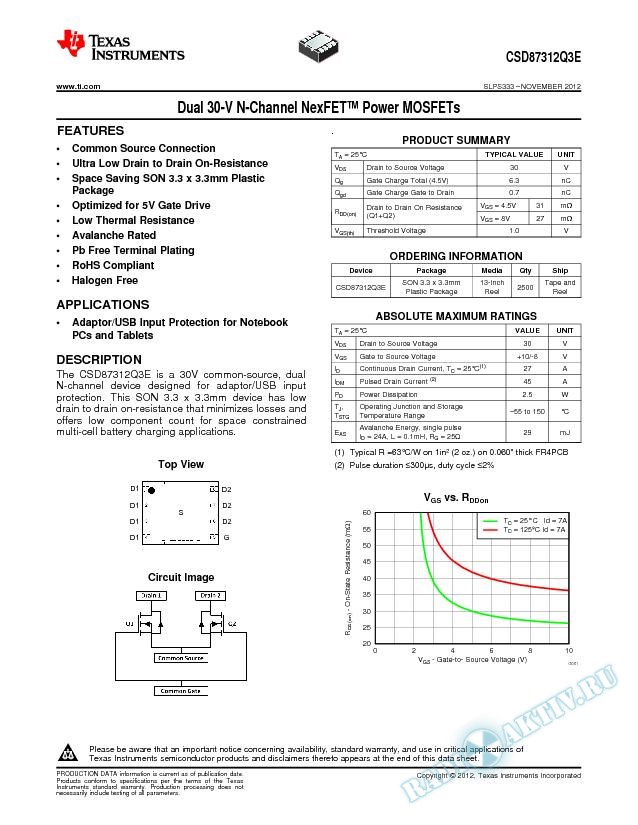 Dual 30-V N-Channel NexFet Power MOSFET, CSD87312Q3E