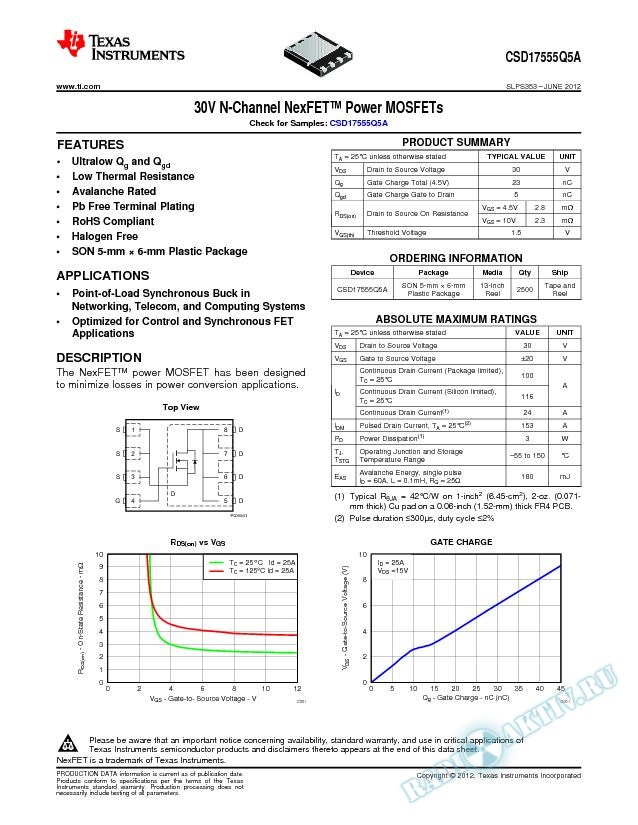 30V N-ch NexFET Power MOSFET, CSD17555Q5A
