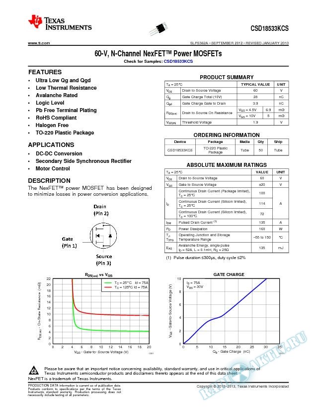 60V N-Channel NexFET™ Power MOSFET, CSD18533KCS (Rev. A)