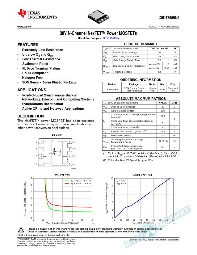 N-Channel NexFET Power MOSFET, CSD17559Q5