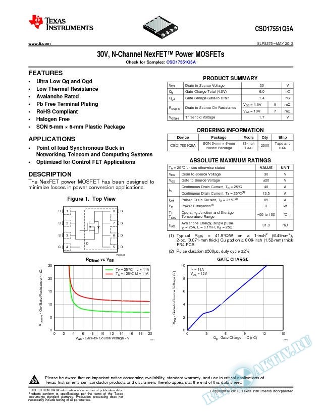 30V, N-Channel NexFET Power MOSFET, CSD17551Q5A