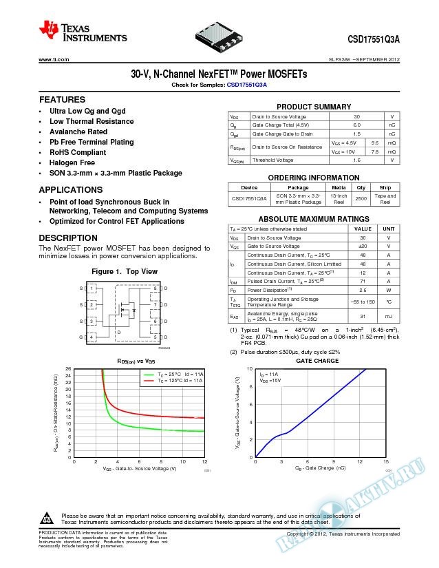 30V N-Channel NexFET Power MOSFETs, CSD17551Q3Q