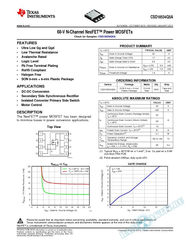 60V N-Channel NexFET Power MOSFET, CSD18534Q5A (Rev. A)