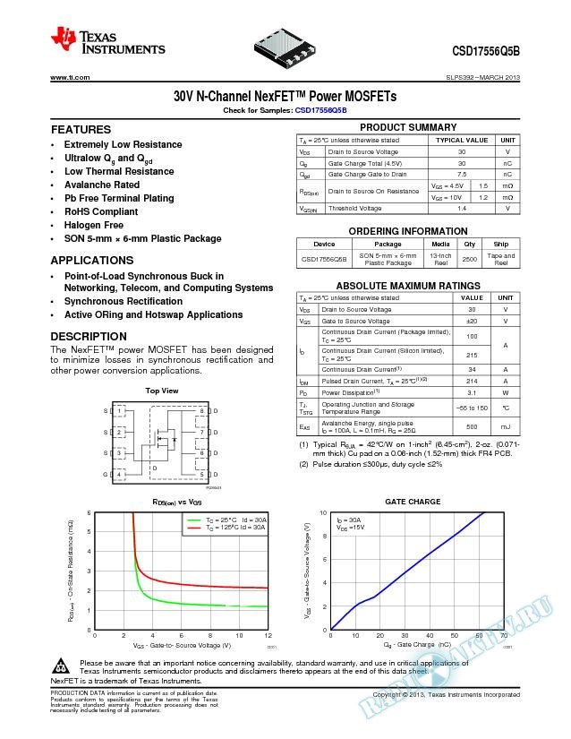 30V N-Channel NexFET Power MOSFETs, CSD17556Q5B