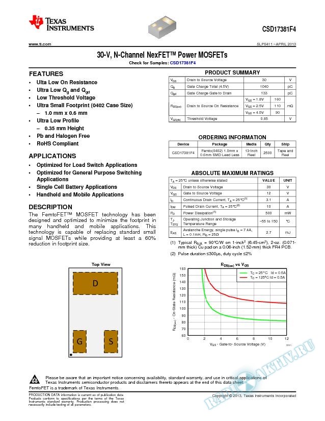 30-V, N-Channel NexFET Power MOSFET, CSD17381F4