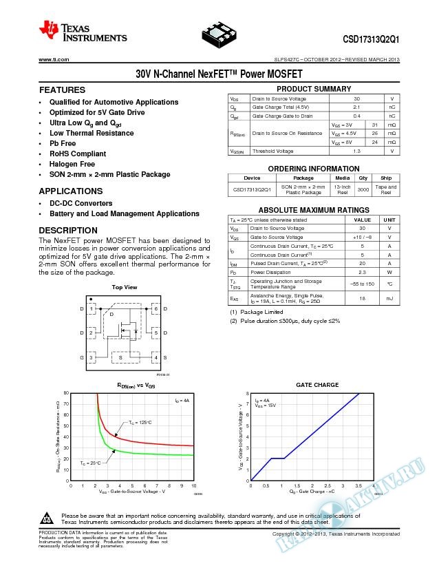 30V N-Channel NexFET™ Power MOSFET, CSD17313Q2Q1 (Rev. C)