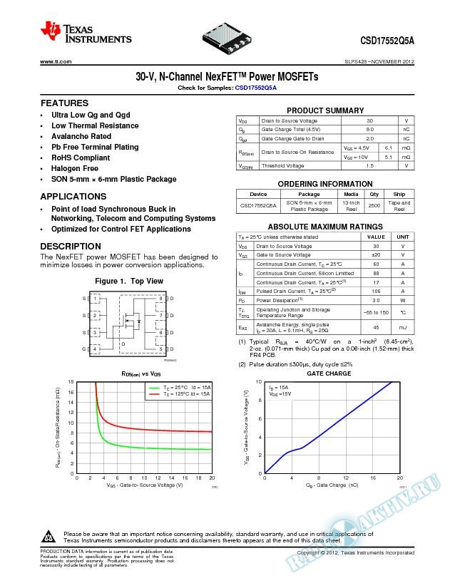 30-V, N-Channel NexFET Power MOSFETs, CSD17552Q5A