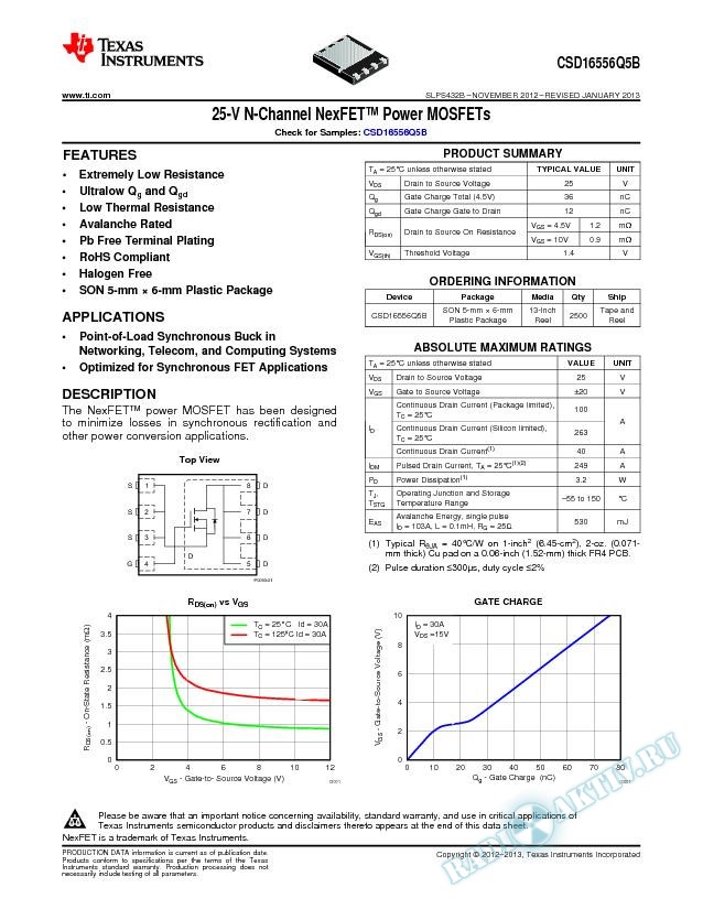 25V N-Channel NexFETTM Power MOSFETs, CSD16556Q5B (Rev. B)