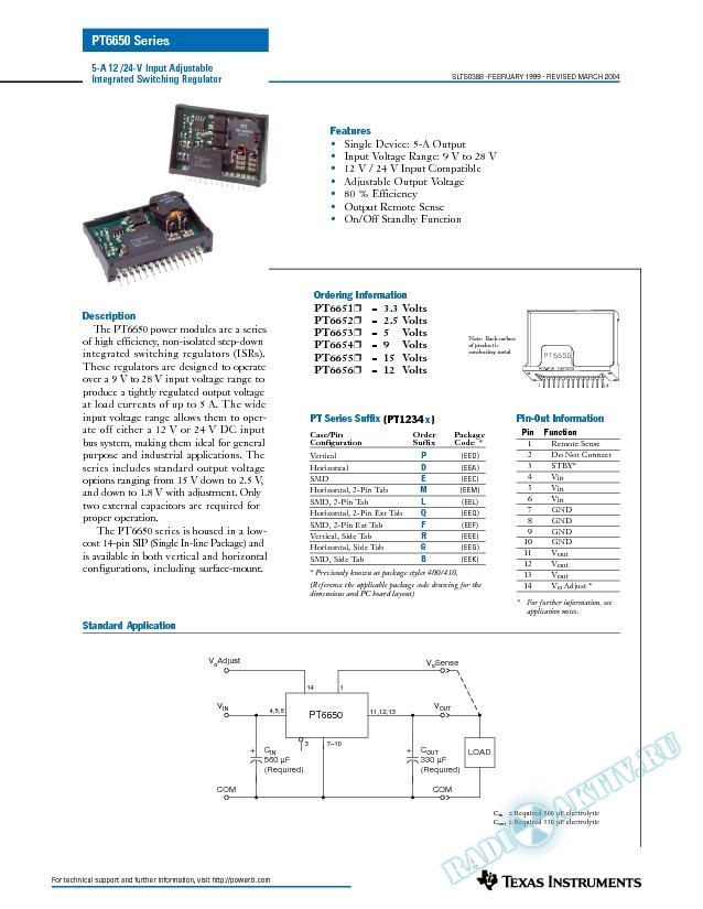 PT6650 Series - 5 Amp 24V Input Integrated Switching Regulator (Rev. B)