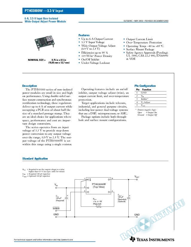PTH03000: 6 A, 3.3-V Input Non-Isolated Wide-Output  Adjust Power Module (Rev. C)
