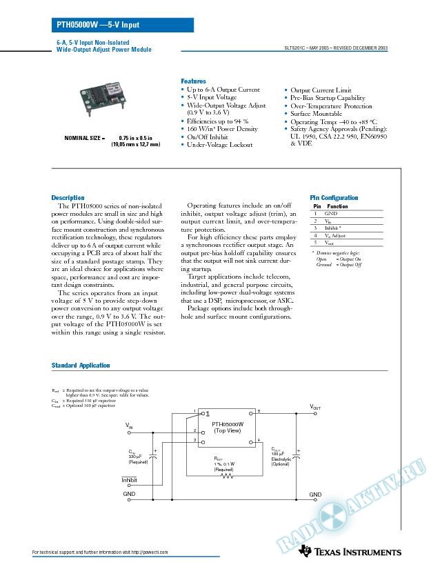 PTH05000: 6 A, 5-V Input Non-Isolated Wide-Output Adjust Power Module (Rev. C)