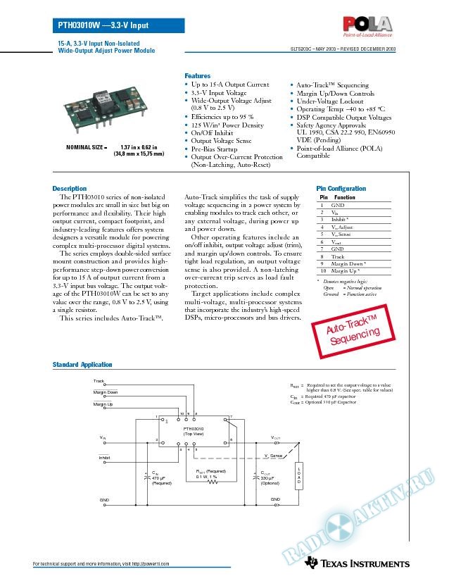 PTH03010: 15 A, 3.3-V Input Non-Isolated  Wide-Output Adjust Power Modules (Rev. C)