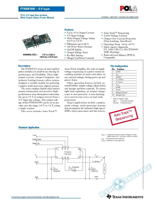 PTH05010: 15 A, 5-V Input Non-Isolated Wide-Output Adjust Power Modules (Rev. C)