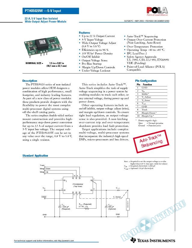 PTH05020: 22 A, 5-V Input Non-Isolated Step-Down Switching Power Modules (Rev. C)
