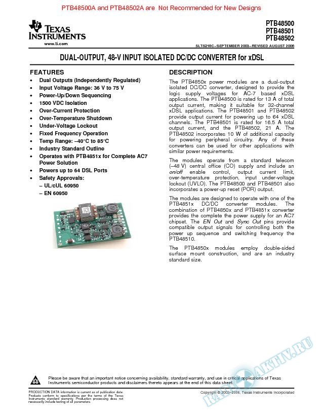 Dual-Output, 48-V Input Isolated DC/DC Converter for xDSL (Rev. C)