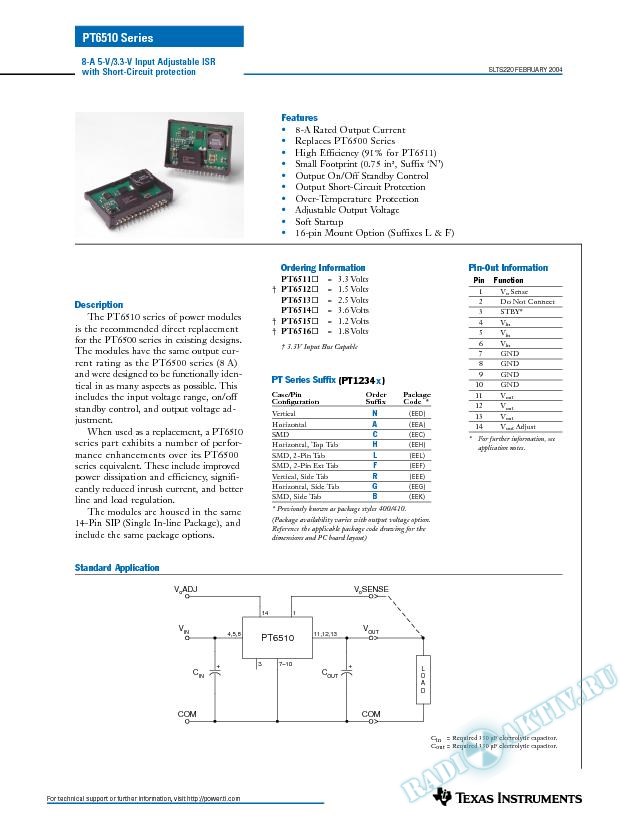 PT651x: 8-A 5-V/3.3-V Input Adustable ISR with Short-Circuit Protection