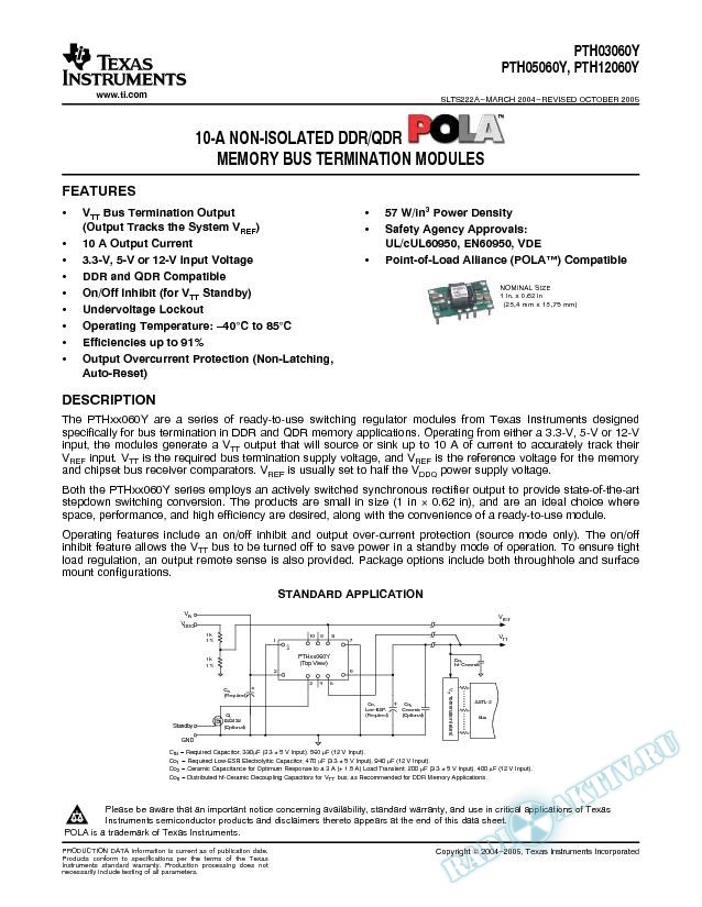 PTHxx060Y: 10-A Non-Isolated DDR/SDR Bus Termination Modules (Rev. A)