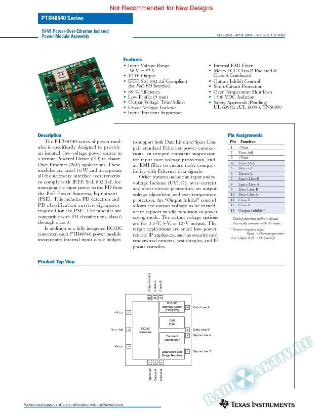 PTB48540 Series: 10-W Power-Over-Ethernet Isolated Power Module Assembly (Rev. B)