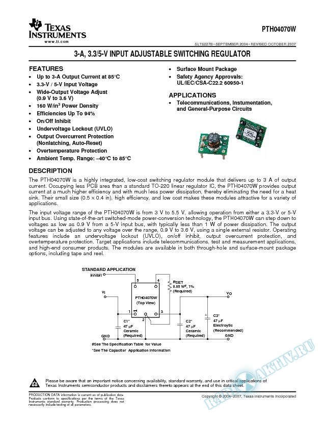 PTH04070W: 3-A 3.3/5.5-V Input Adjustable Switching Regulator (Rev. B)