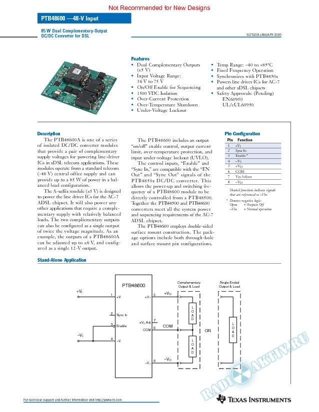 85-W 48-V Input Dual-Complimentary Output DC/DC Converter for DSL