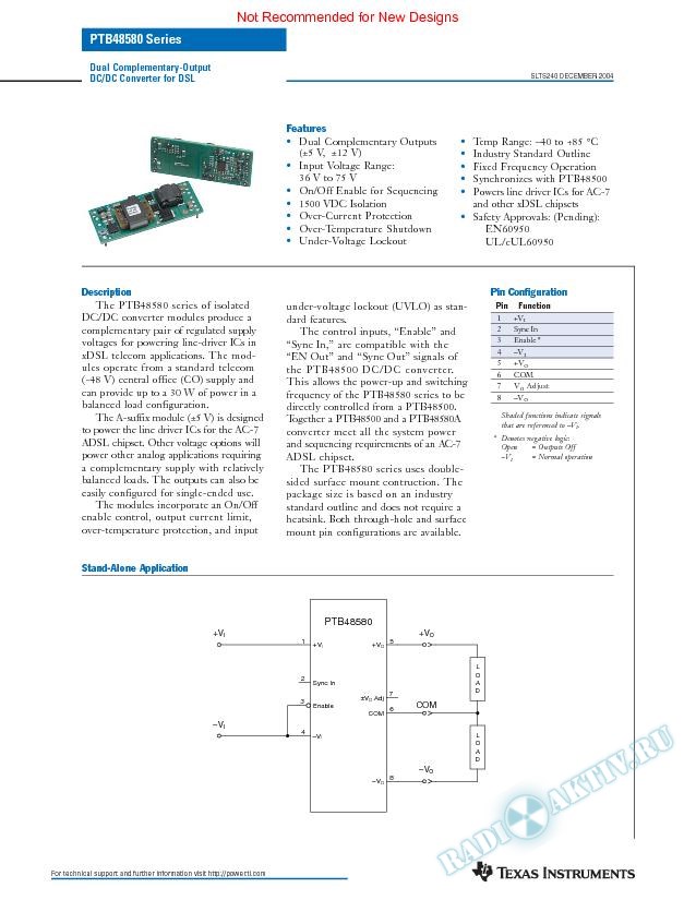 PTB48580: 30-W 48-V Input Dual-Complimentary Output DC/DC Converter