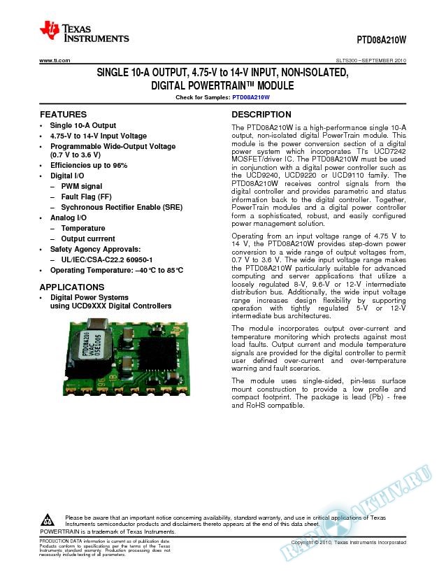 SINGLE 10-A OUTPUT, 4.75-V to 14-V INPUT, NON-ISOLATED, DIGITAL POWERTRAIN™