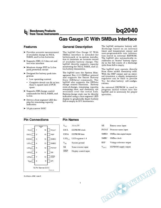 Gas Gauge IC With SMBus Interface