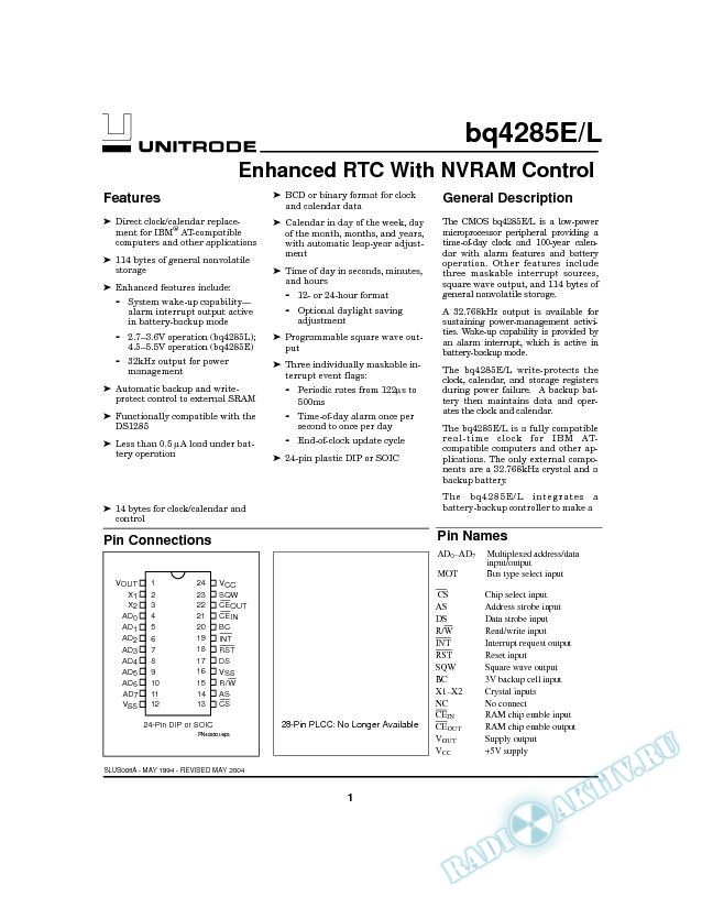 bq4285E/bq4385L - Enhanced RTC With NVRAM Control (Rev. A)