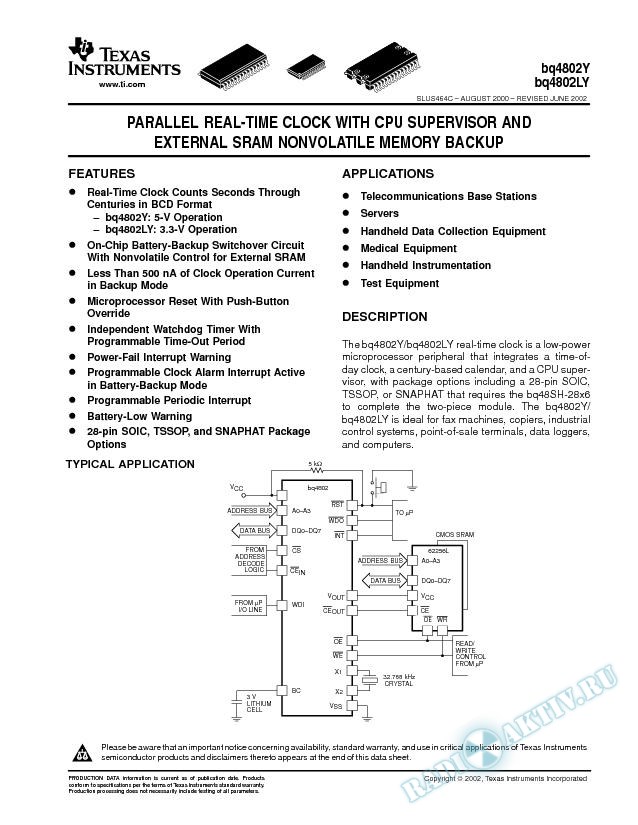 Parallel Real-Time Clock with CPU Supervisor and External SRAM Non-Volatile (Rev. C)