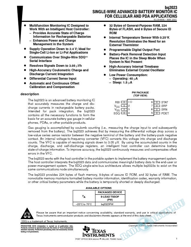 Single-Wire Advanced Battery Monitor IC for Cellular and PDA Applications (Rev. B)