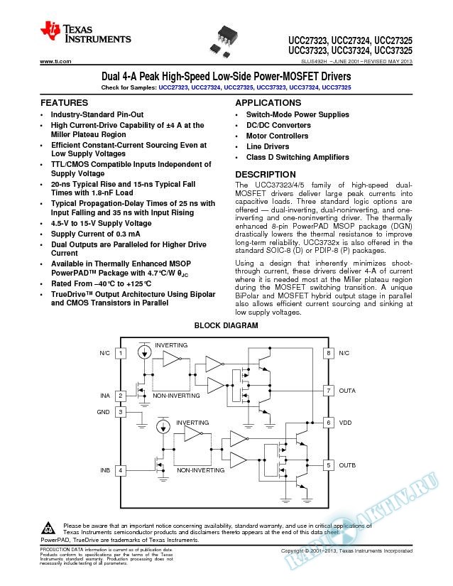 Dual 4-A Peak High-Speed Low-Side Power-MOSFET Drivers (Rev. H)