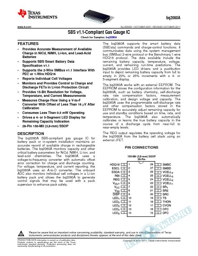 SBS v1.1-Compliant Gas Gauge IC - bq2060A.. (Rev. D)
