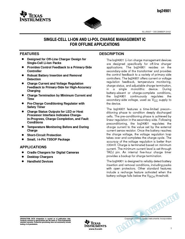bq24901 Single-Cell Li-Ion and Li-Pol Charge Management IC