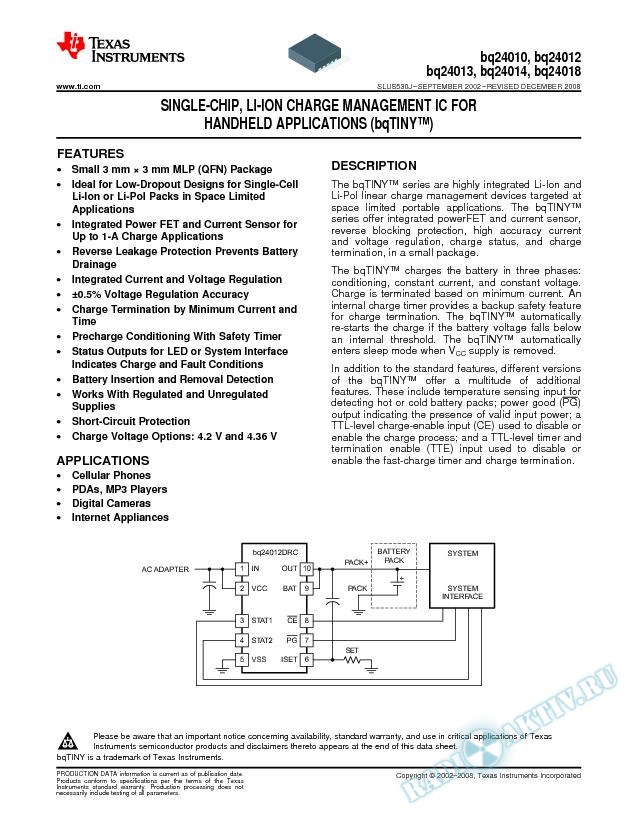 Single-Chip, Li-Ion Charge Management IC For Handheld Applications (bqTINY) (Rev. J)