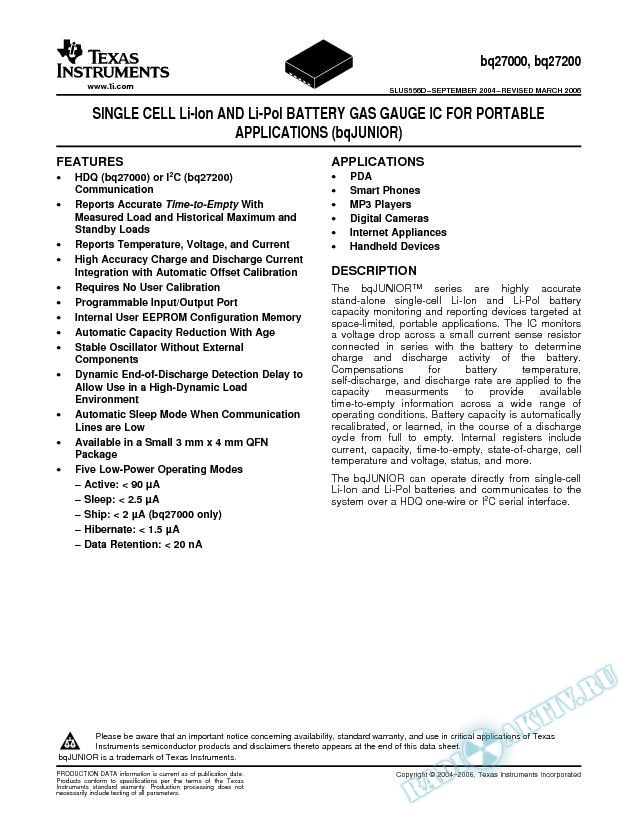 Single-Cell Li-Ion and Li-Pol Battery Gas Gauge IC For Portable Applications (Rev. D)