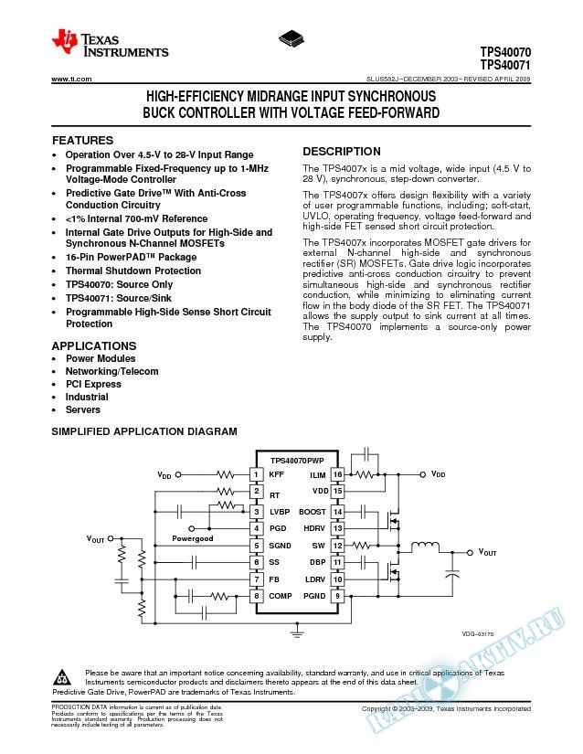 High Efficiency Midrange Input Synchronous Buck Controller w/Voltage Feedforward (Rev. J)