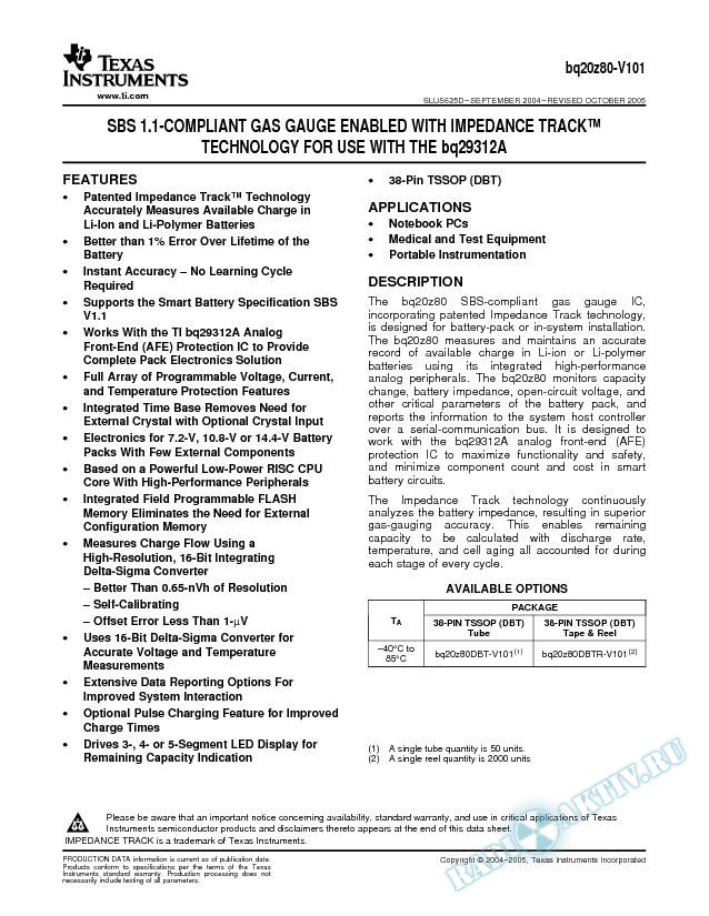 SBS 1.1 Compliant Gas Gauge Enabled w/Impedance Track Tech For bq29312 (Rev. D)