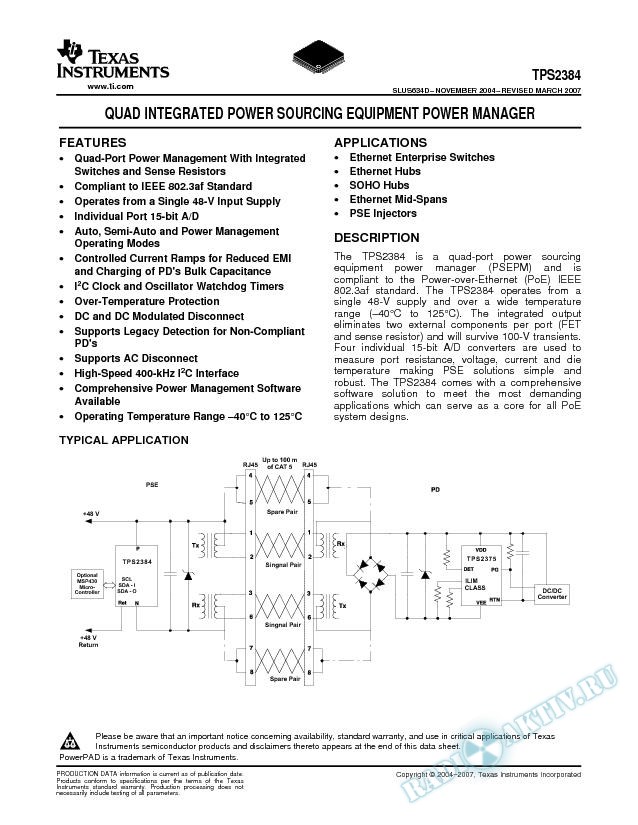 Quad Integrated Power Sourcing Equipment Power Manager (Rev. D)