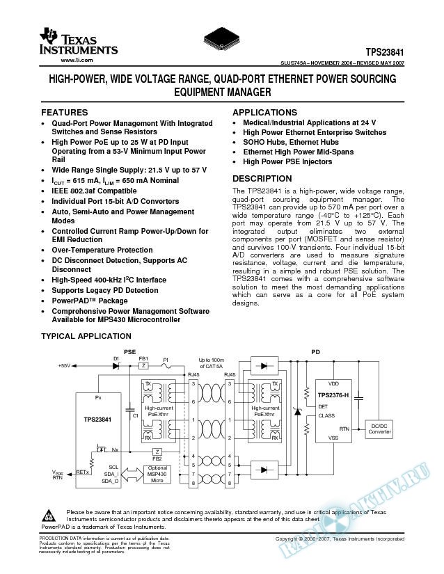Wide Voltage Range, High Power Quad-Port Ethernet Power Sourcing Equipment Manag (Rev. A)