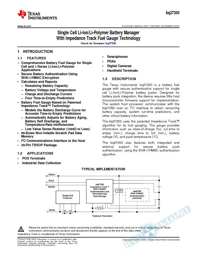 Single Cell Li-Ion/Li-Polymer Battery Manager w Impedance Track Fuel Gauge Tech (Rev. B)