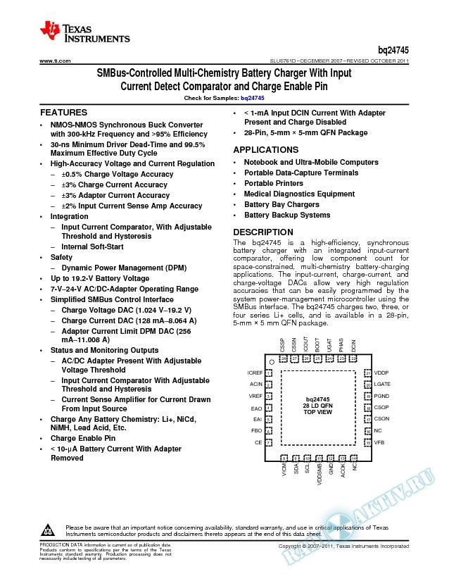 SMBus-Controlled Multi-chemistry Battery Charger With Input Current (Rev. D)