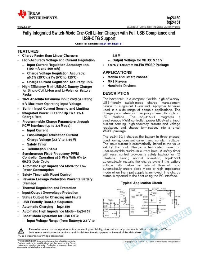 Fully Integrated Switch-Mode One-Cell Li-Ion Charger with Full USB Compliance* (Rev. A)