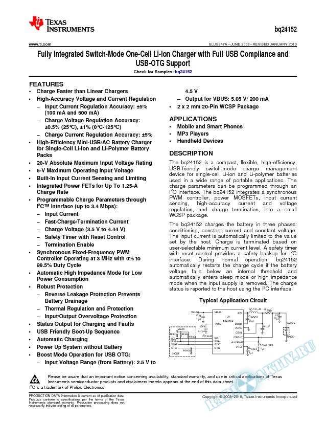 Fully Integrated Switch-Mode One-Cell Li-Ion Charger with Full USB Compliance** (Rev. A)