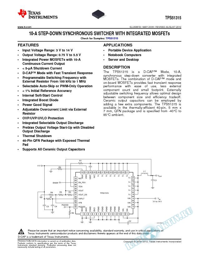 10-A STEP-DOWN SYNCHRONOUS SWITCHER WITH INTEGRATED MOSFETs (Rev. B)
