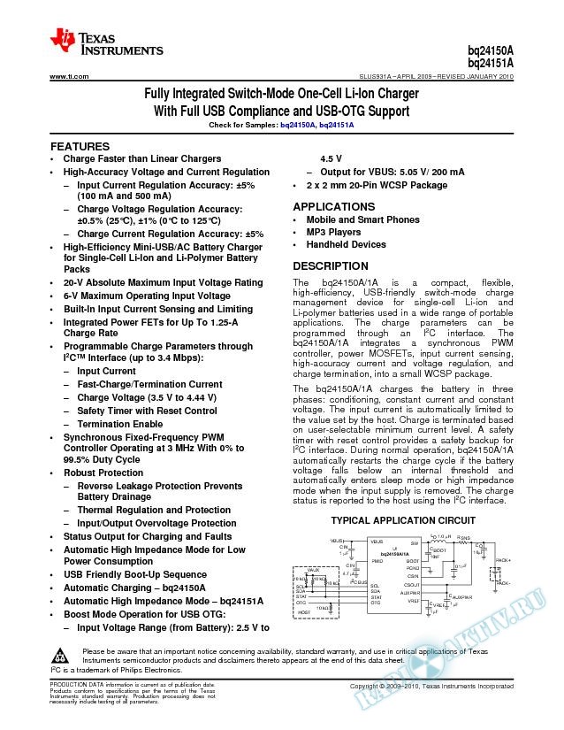 Fully Integrated Switch-Mode One-Cell Li-Ion Charger with Full USB Compliance an (Rev. A)