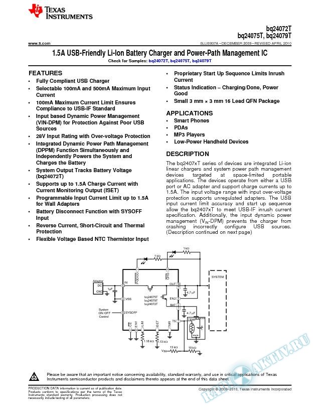 1.5A USB-Friendly Li-Ion Battery Charger and Power-Path Management IC (Rev. A)