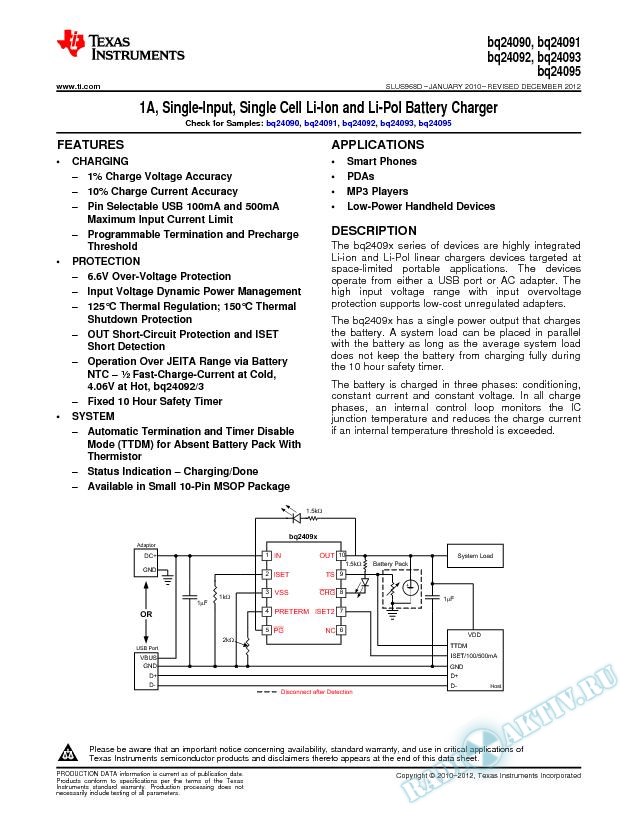 1 A, Single-Input, Single-Cell Li-Ion and Li-Pol  Battery Charger (Rev. D)