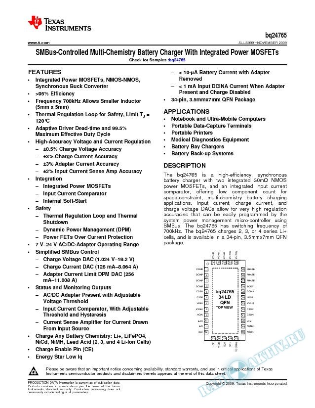 SMBus-Controlled Multi-Chemistry Battery Charger with Integrated Power MOSFETs